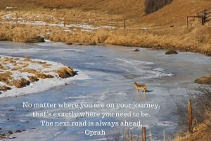 inspirational Social Media image with Oprah quote "no matter where you are on your journey that's exactly where you need to be. The next road is always ahead"