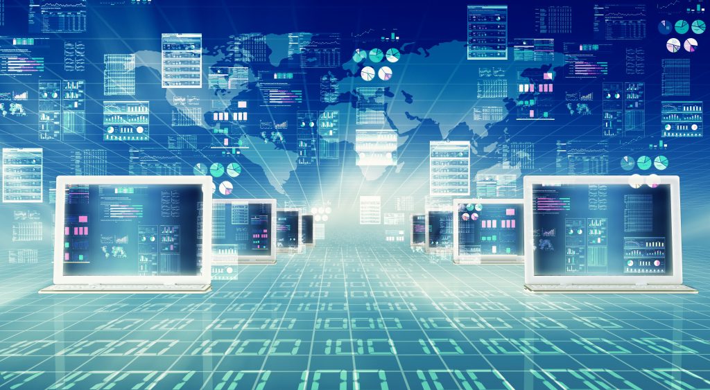 Website Design - Multiple computer screens with a "technological" background