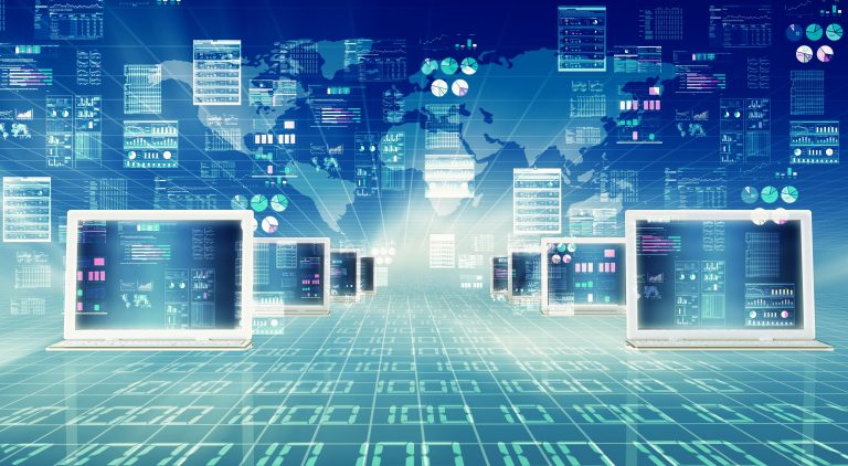 Website Design - Multiple computer screens with a "technological" background