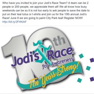 Jodi's Race of Awareness, Social Media post