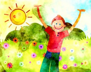 Watercolor, smiling child in the sunshine