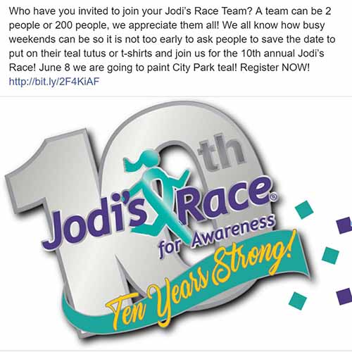Jodi's Race for awareness - Social Media post with Race's 1th anniversary logo