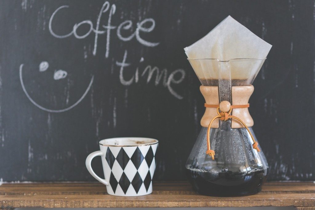 pour over brew coffee and black and white mug