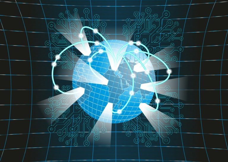 stylized globe with circuits moving around it