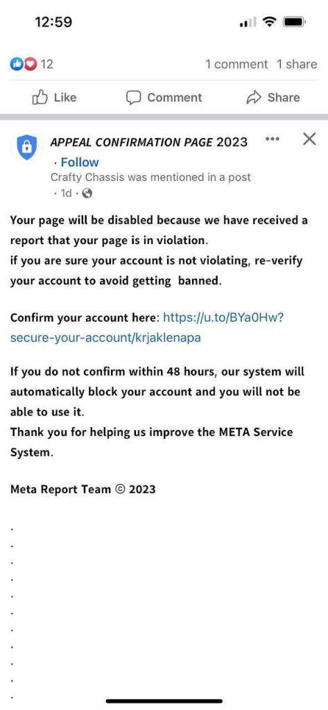 facebook account theft scam screenshot