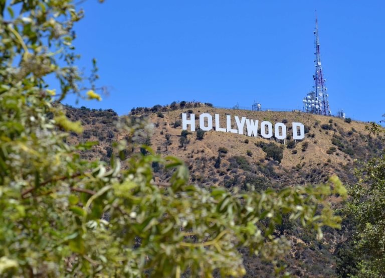 Hollywood sign with radio towers