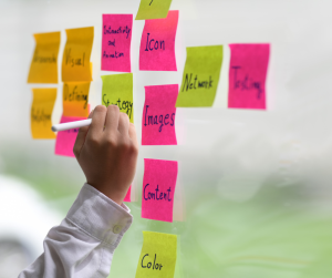strategize and plan post it notes on a glass board
