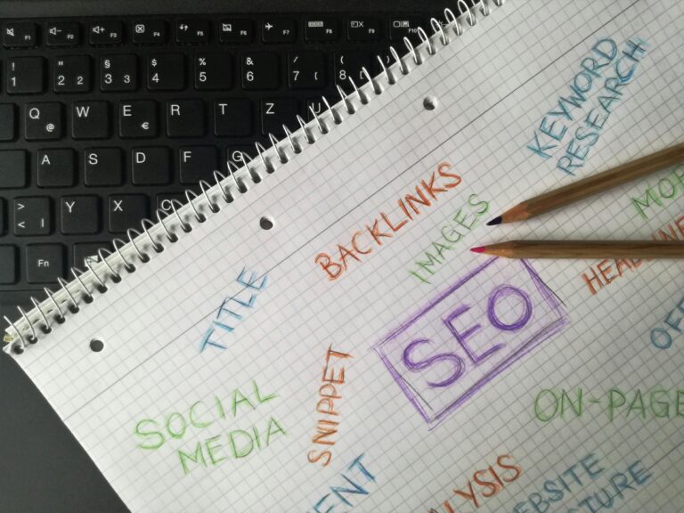 A notebook on which numerous terms used in SEO Keyword Analysis and Strategy are written.