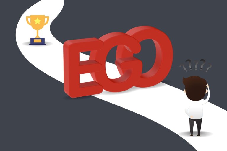 An illustration of a person being blocked from the prize by their ego.