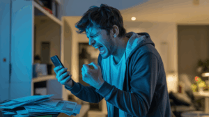 A man screams at his phone as he attempts to talk to a human on a customer service call.