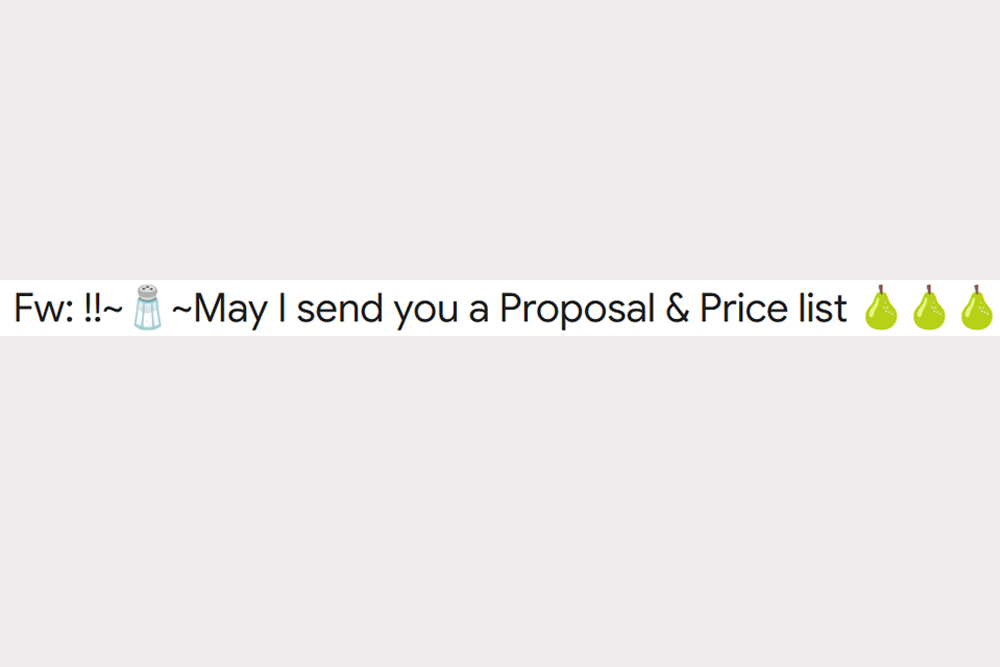 A screenshot of a subject line from a scam marketing email.
