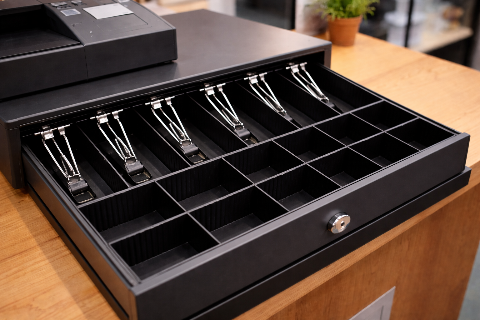 A black cash register drawer sits empty of any money.