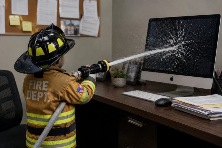 kid in fire fighter jacket spraying water at a computer monitor