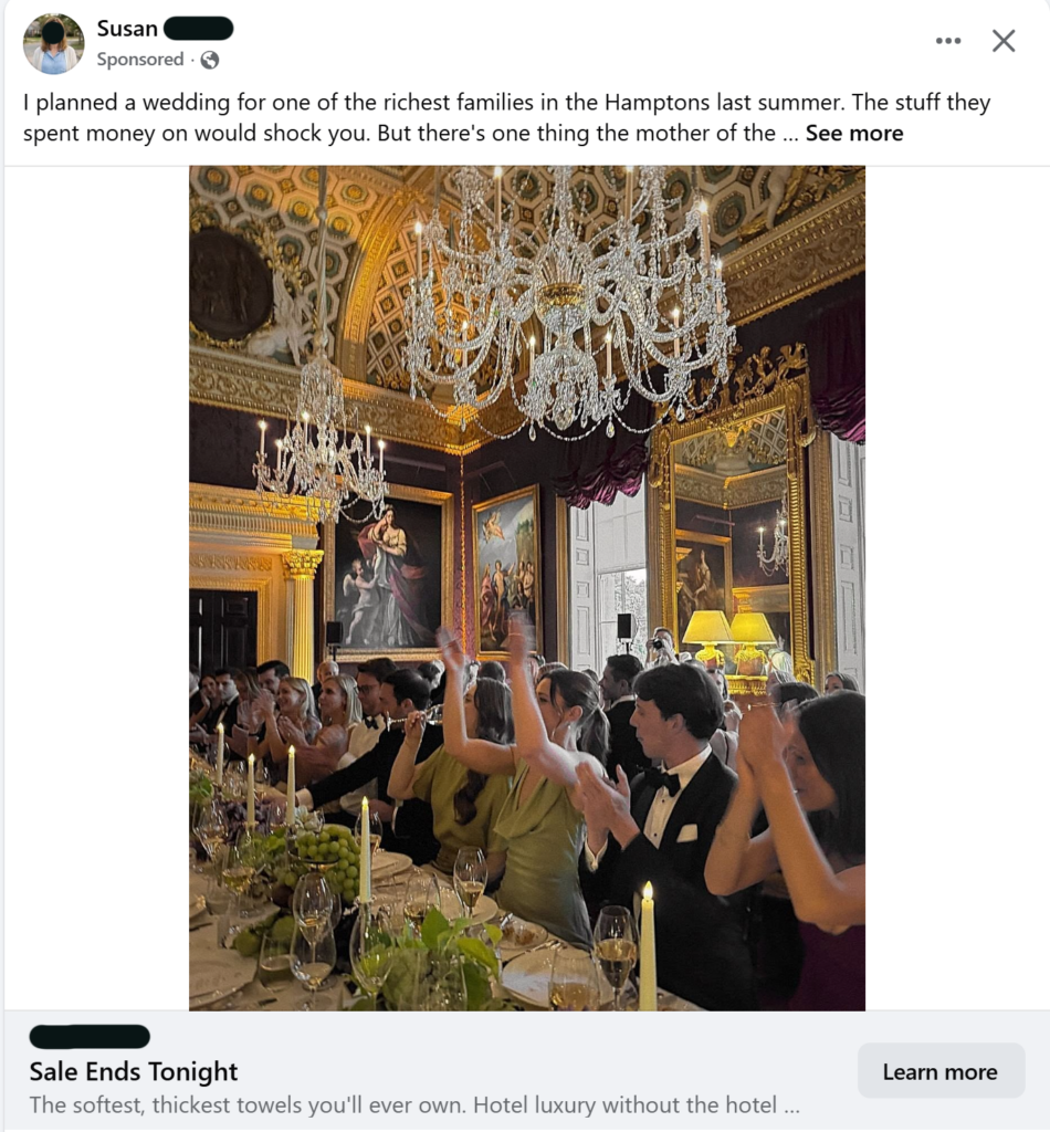 A sponsored Facebook ad from 'Susan' promoting a towel brand through a fabricated wedding planner story, paired with an AI-generated image of a lavish formal dinner party in an ornate gilded ballroom, used here as an example of AI-generated duplicate marketing content.