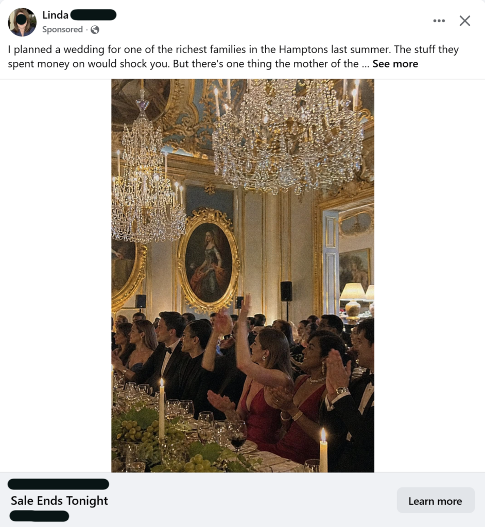 A second sponsored Facebook ad using the identical wedding planner story as the first, posted under a different name and pointing to a different company, with a nearly identical AI-generated ballroom dinner image. It is used here to illustrate how the same AI-generated content gets recycled across multiple fake or unrelated advertisers.