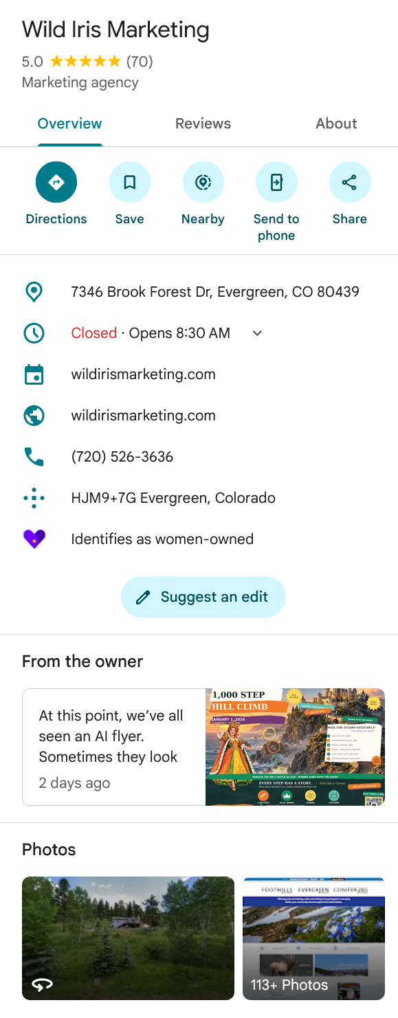 Wild Iris Marketing Google Business Profile panel in Google Search, showing the business name, rating, address, hours and phone number