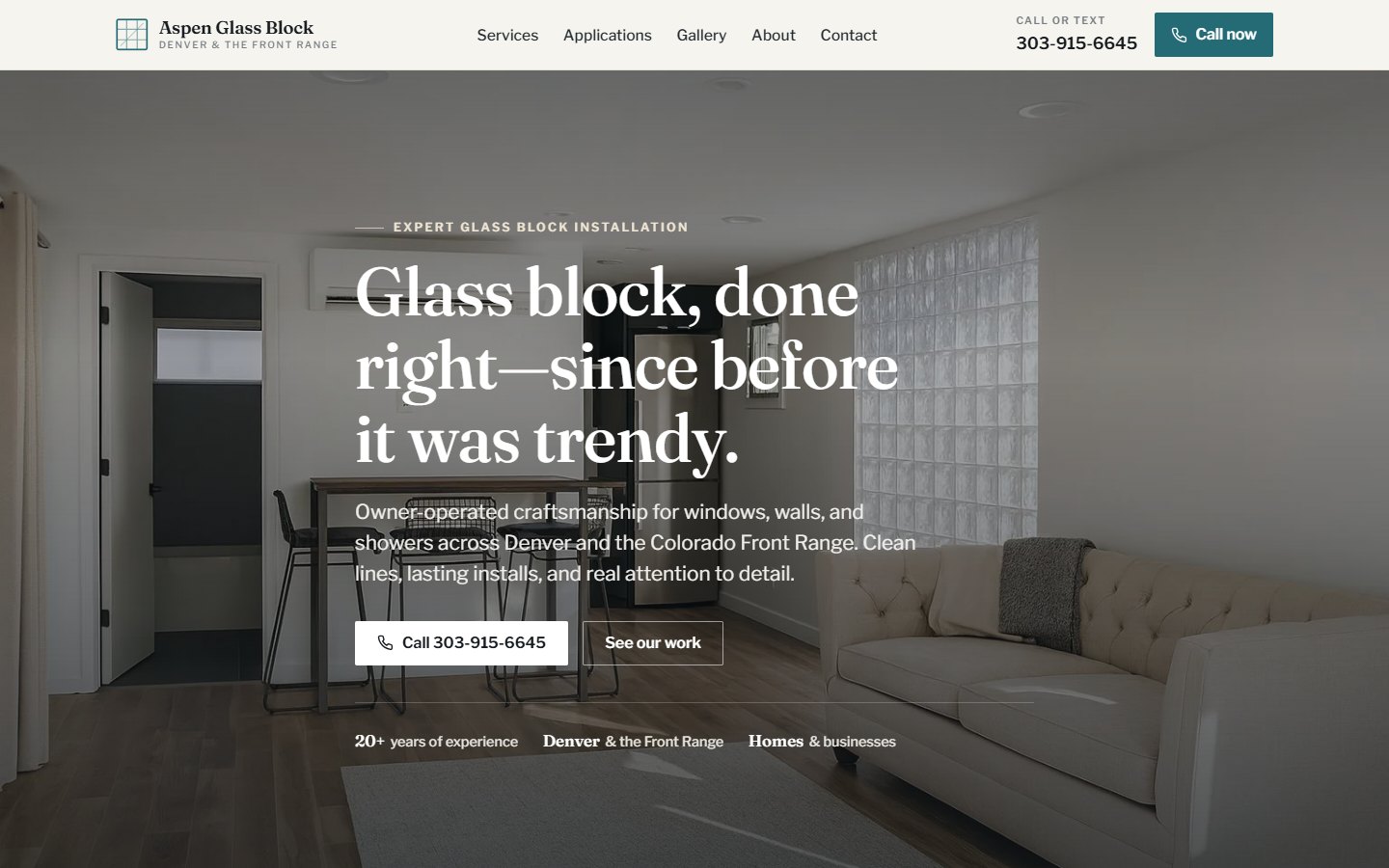 Aspen Glass Block website home page: a living room with a glass block wall and the headline Glass block, done right, since before it was trendy