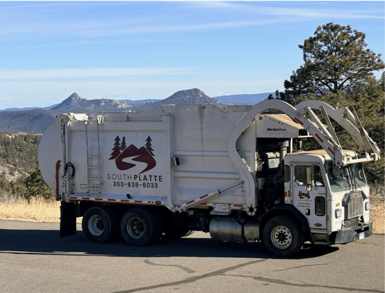 South Platte Services truck in conifer colorado with wild iris designed logo and color scheme