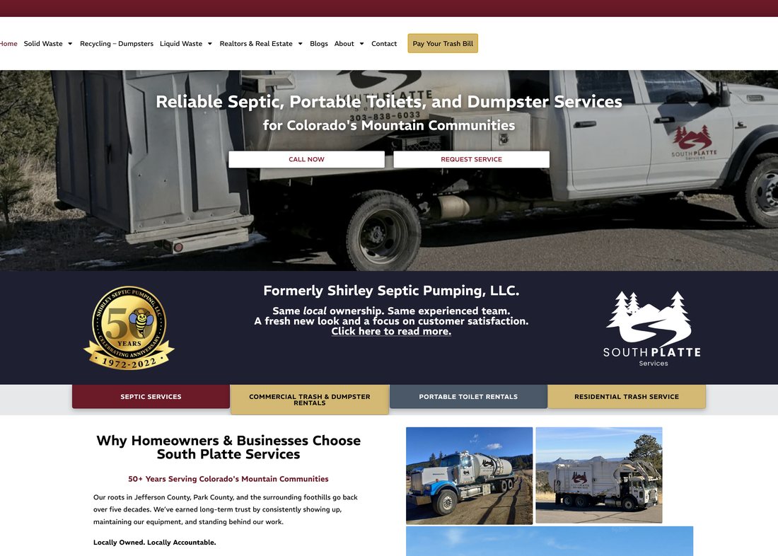 South Platte Services website home page with a septic truck photo and service buttons