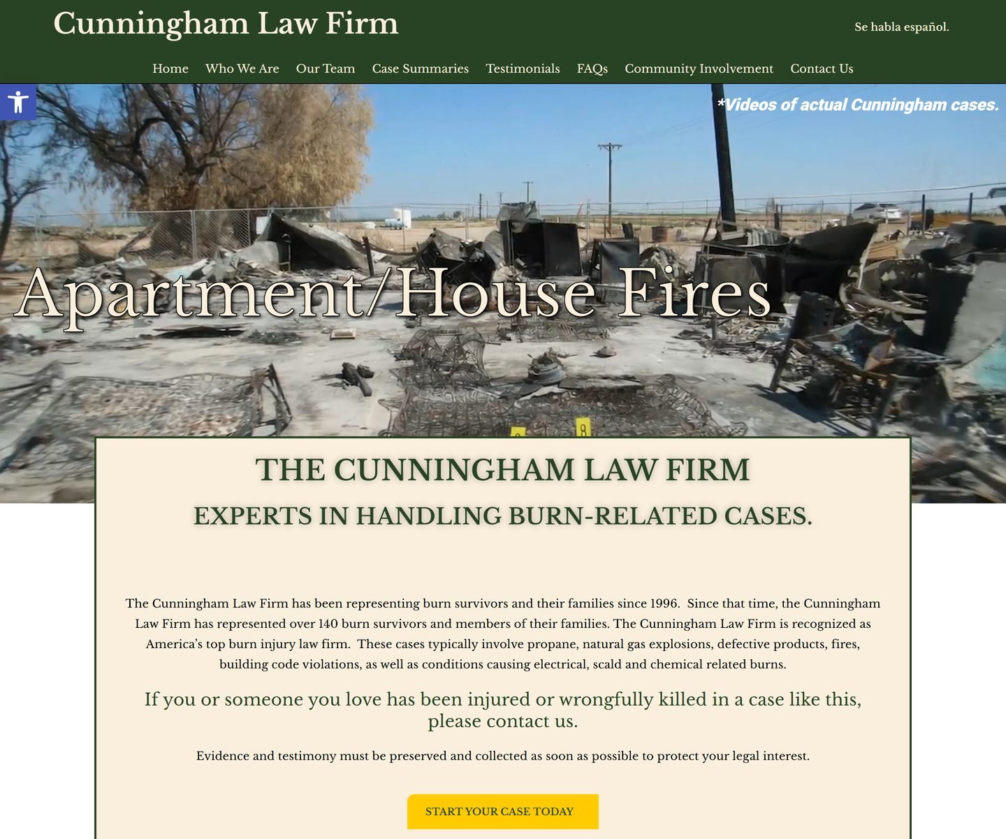 Website home page for the Cunningham Law Firm