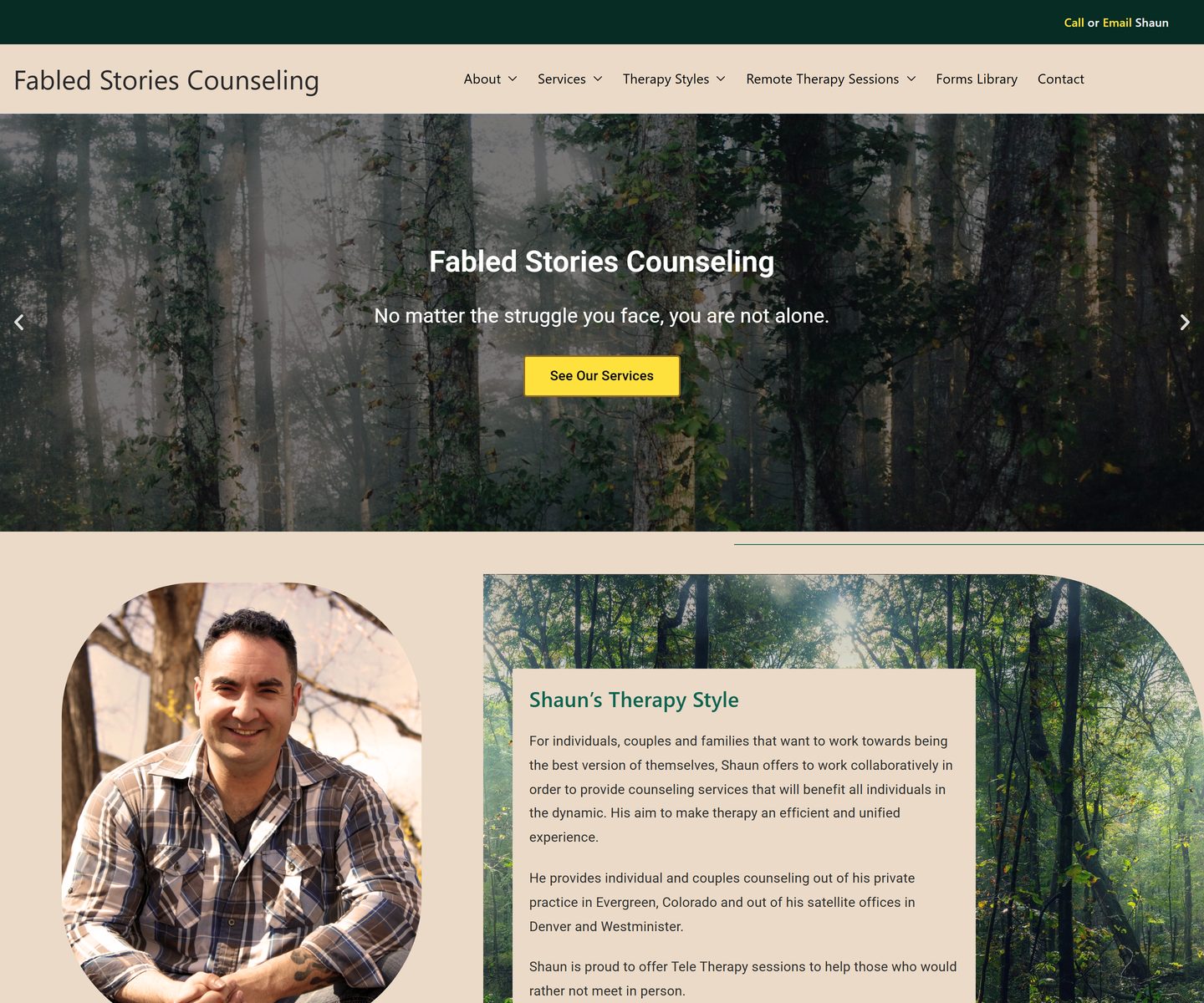 Website home page for Fabled Stories Counseling