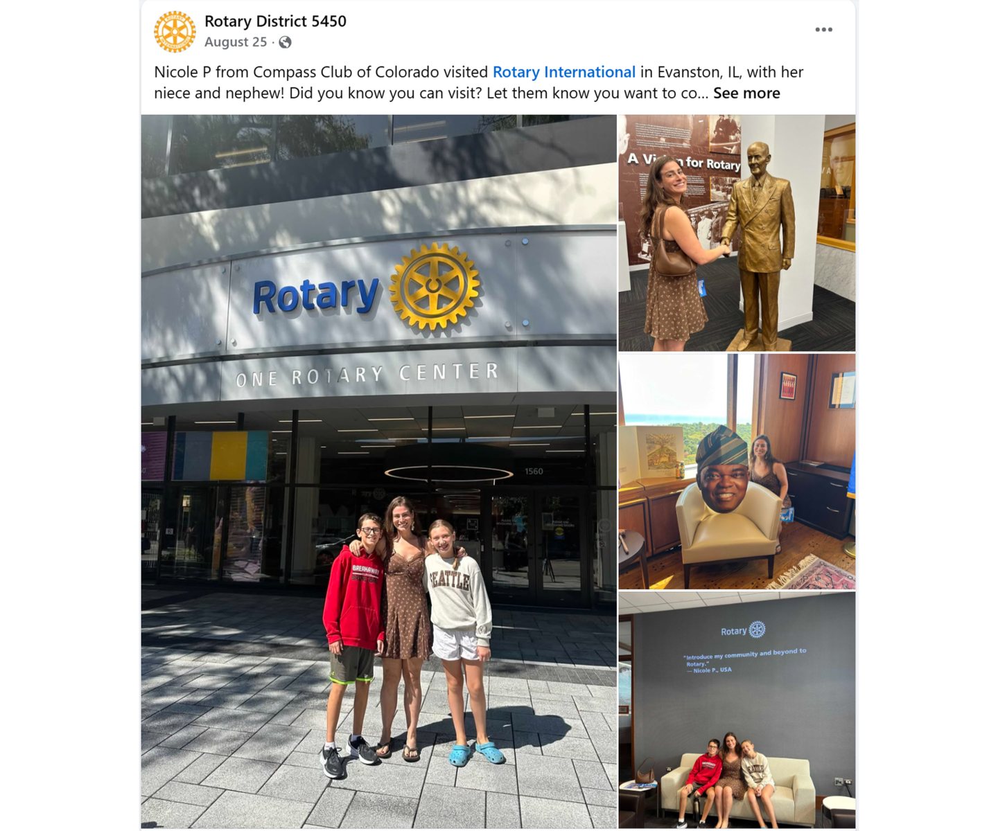 Facebook post for Rotary District 5450 about a member visit to Rotary headquarters