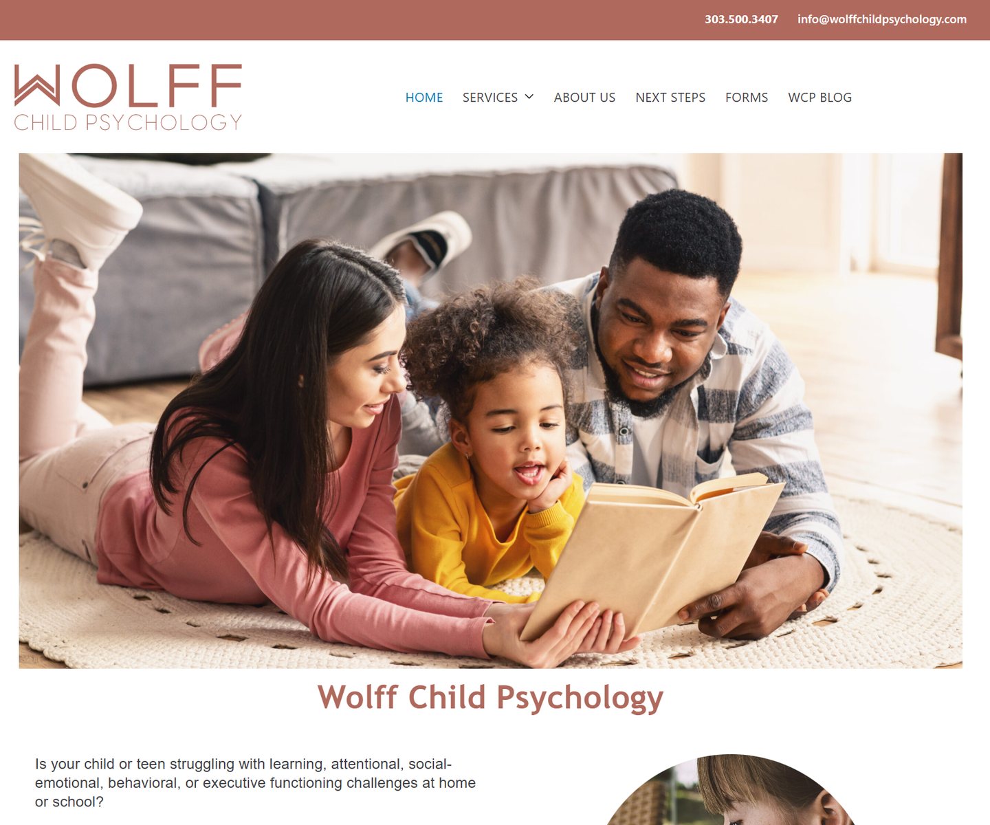 Website home page for Wolff Child Psychology
