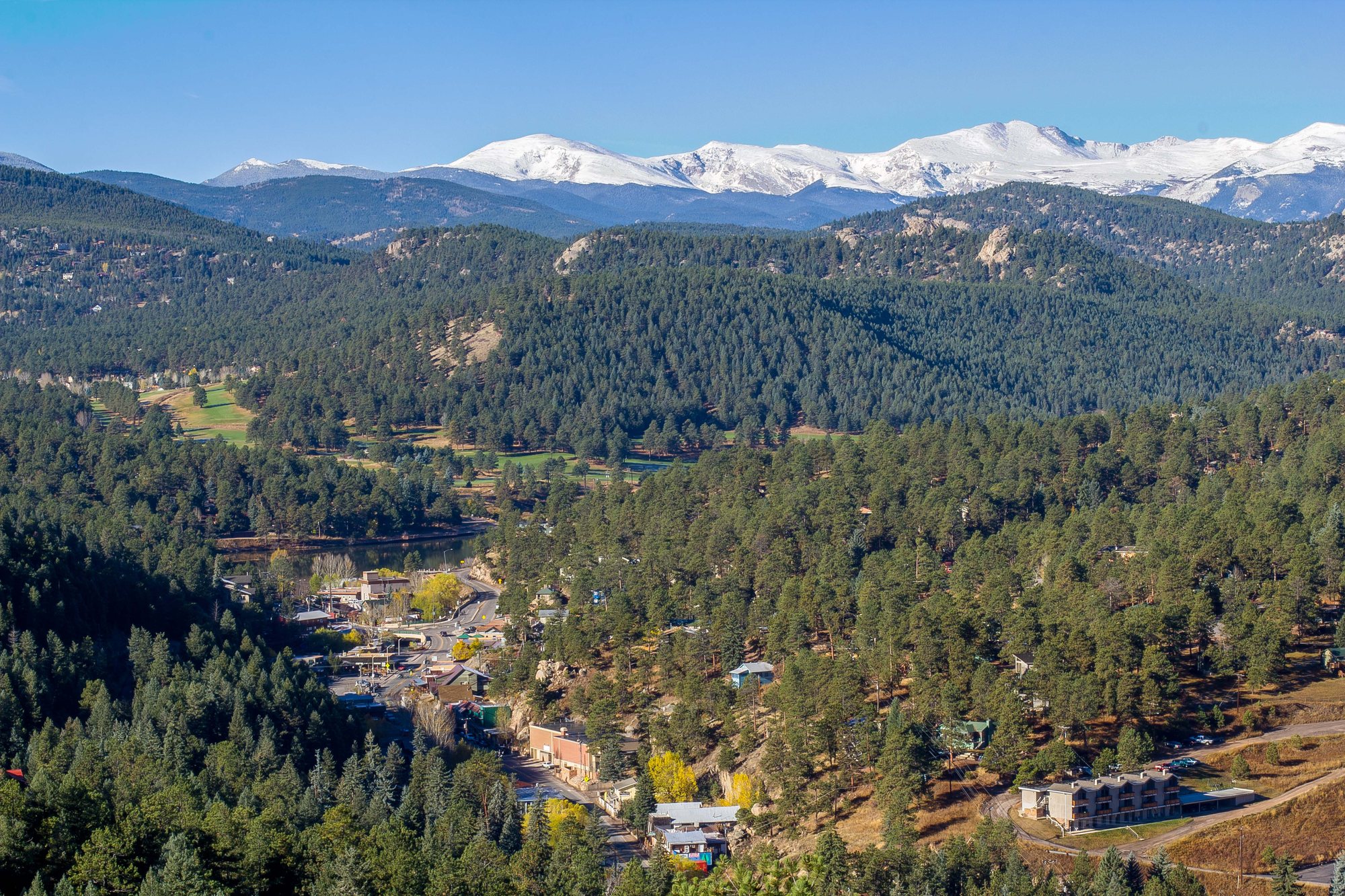 A small mountain town and a lake in a pine-forested valley, with snow-capped peaks on the horizon