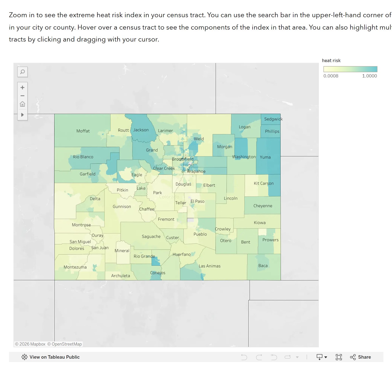 A map of Colorado divided into census tracts shaded from pale yellow to teal by extreme heat risk, with zoom and search controls, below the site’s instructions for using the map