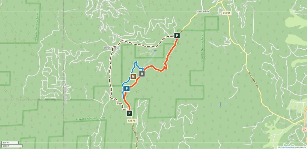 Trail map of the Maxwell Falls area: the hiking routes in orange and blue between the lower and upper trailheads, the falls, the footbridge and Meditation Rock, and the road between the two trailheads as a dashed line.