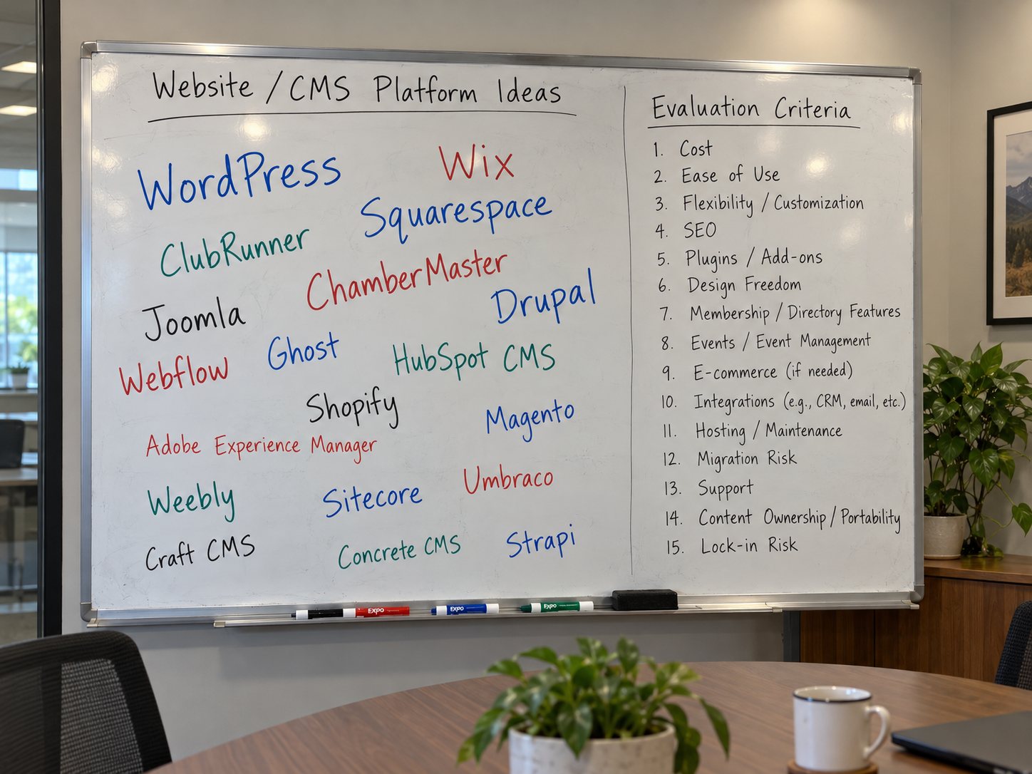 A whiteboard listing website platforms such as WordPress, Wix, Squarespace, ClubRunner, ChamberMaster, Joomla and Drupal, beside a numbered list of evaluation criteria like cost, ease of use and lock-in risk