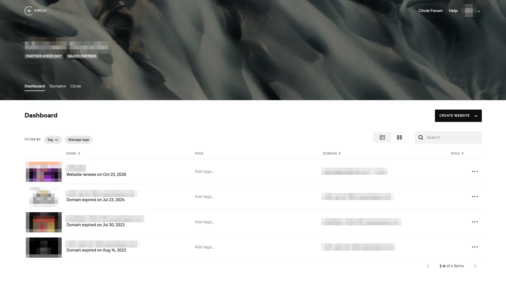 A Squarespace Circle partner dashboard listing four websites, with the account name, site names, web addresses and thumbnails blurred