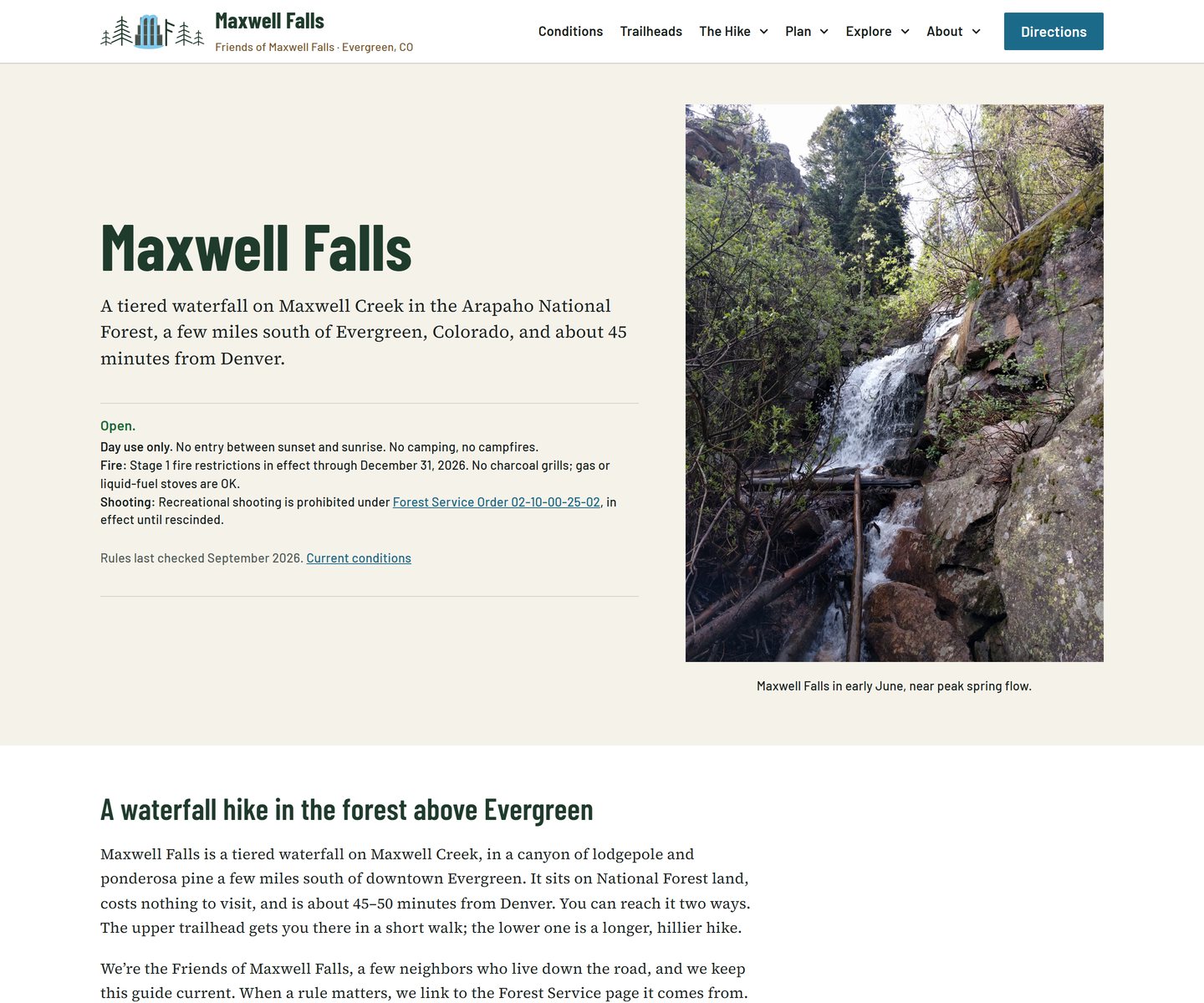 Home page of the Maxwell Falls trail guide at maxwellfalls.com