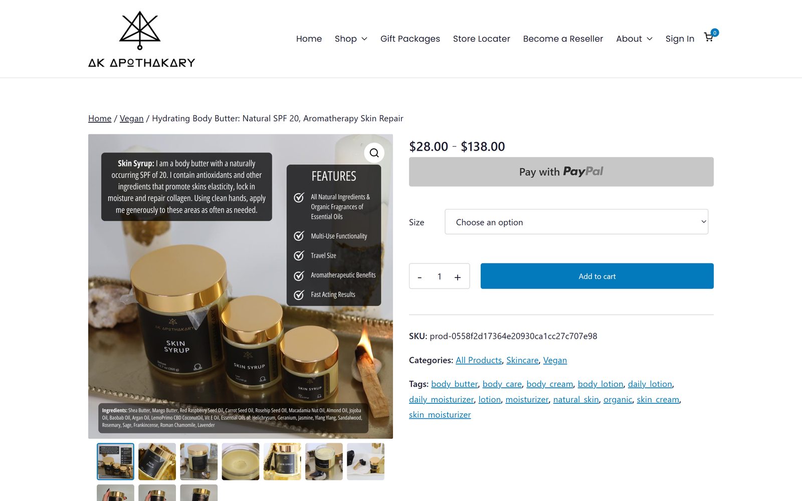 Product page in the AK Apothakary online store