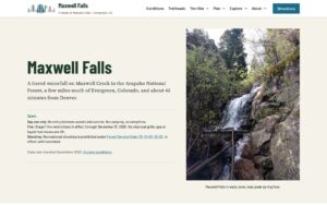 Home page of the Maxwell Falls trail guide at maxwellfalls.com, designed and hosted by Wild Iris Marketing for Friends of Maxwell Falls