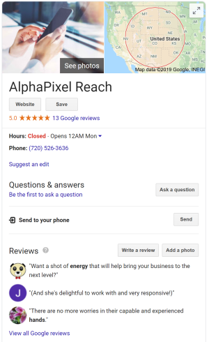 Google My Business - AlphaPixel Reach's Google info